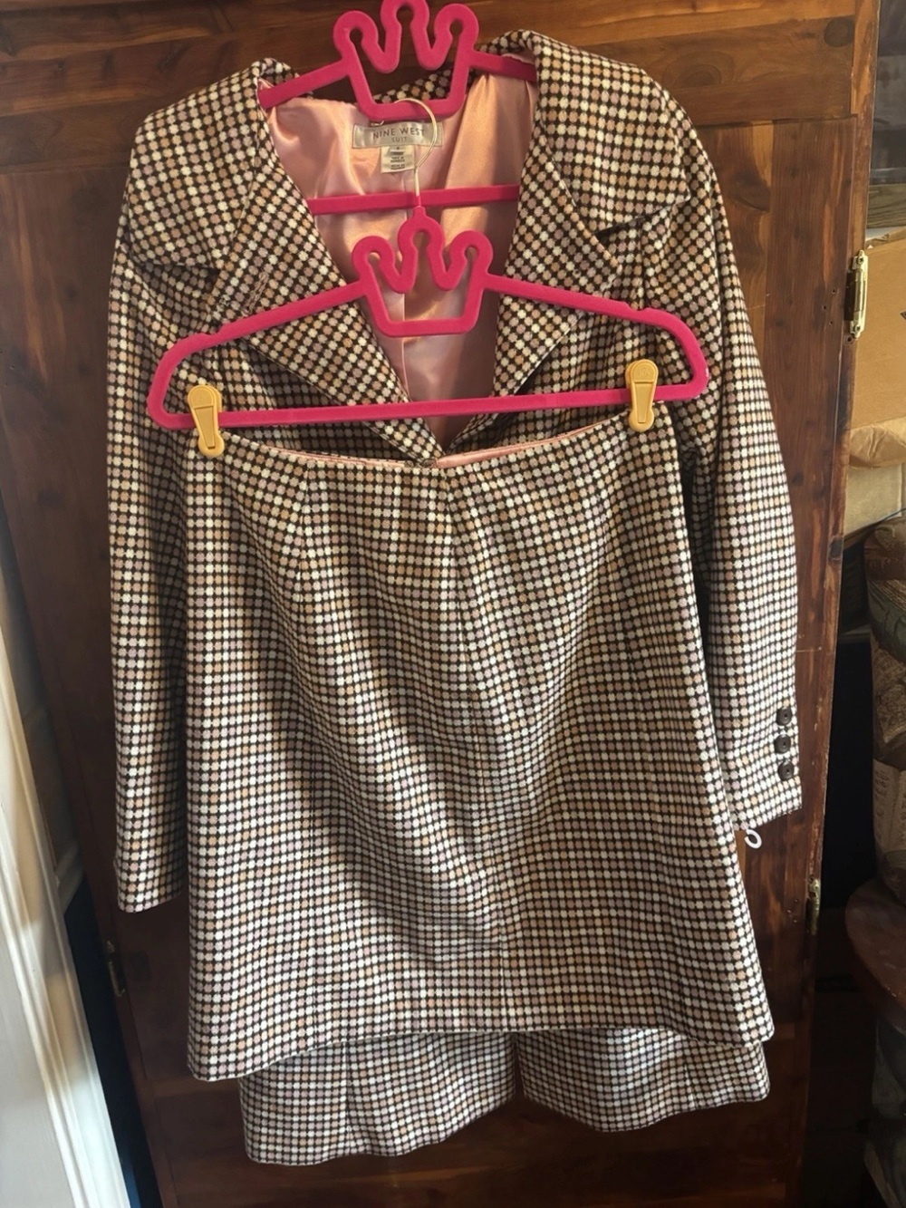 Vintage Y2K Nine West Pink and Brown polka dot blazer jacket and skirt set